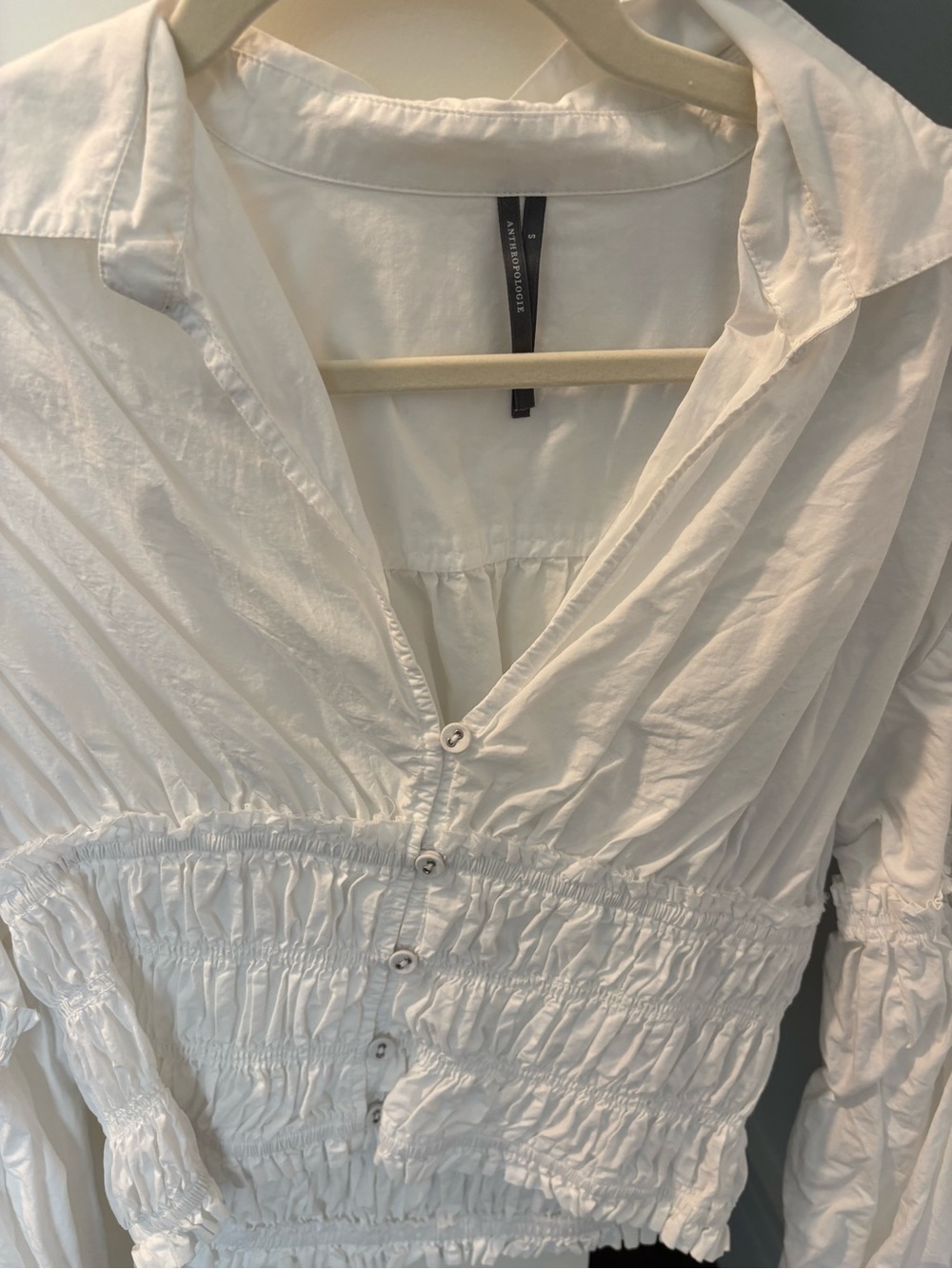 Anthropologie White Cropped Smocked Button-Front Top